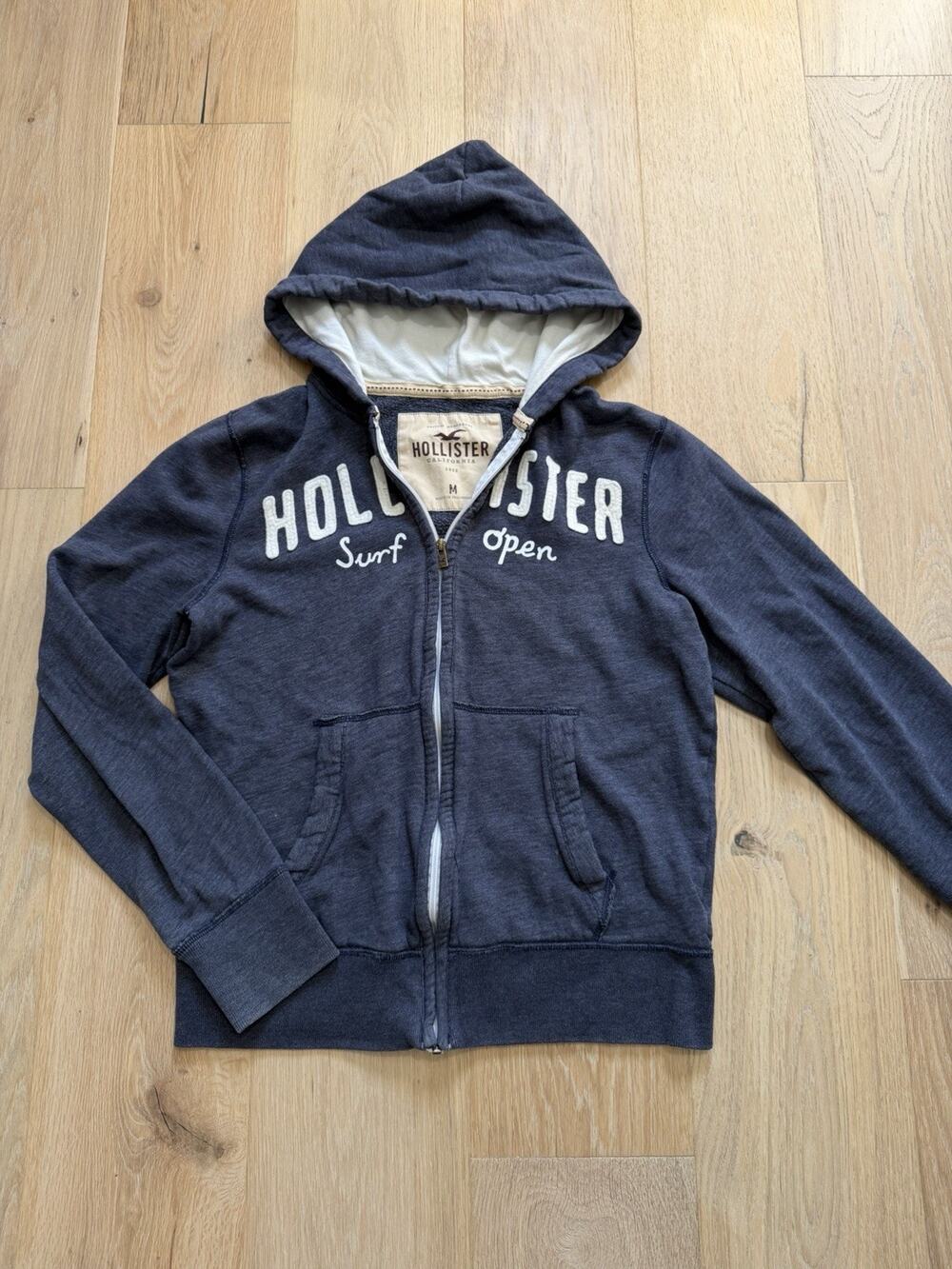 Y2K Hollister Mens Blue Full Zip Hoodie Chenille Logo Preppy Sweatshirt M 2000s